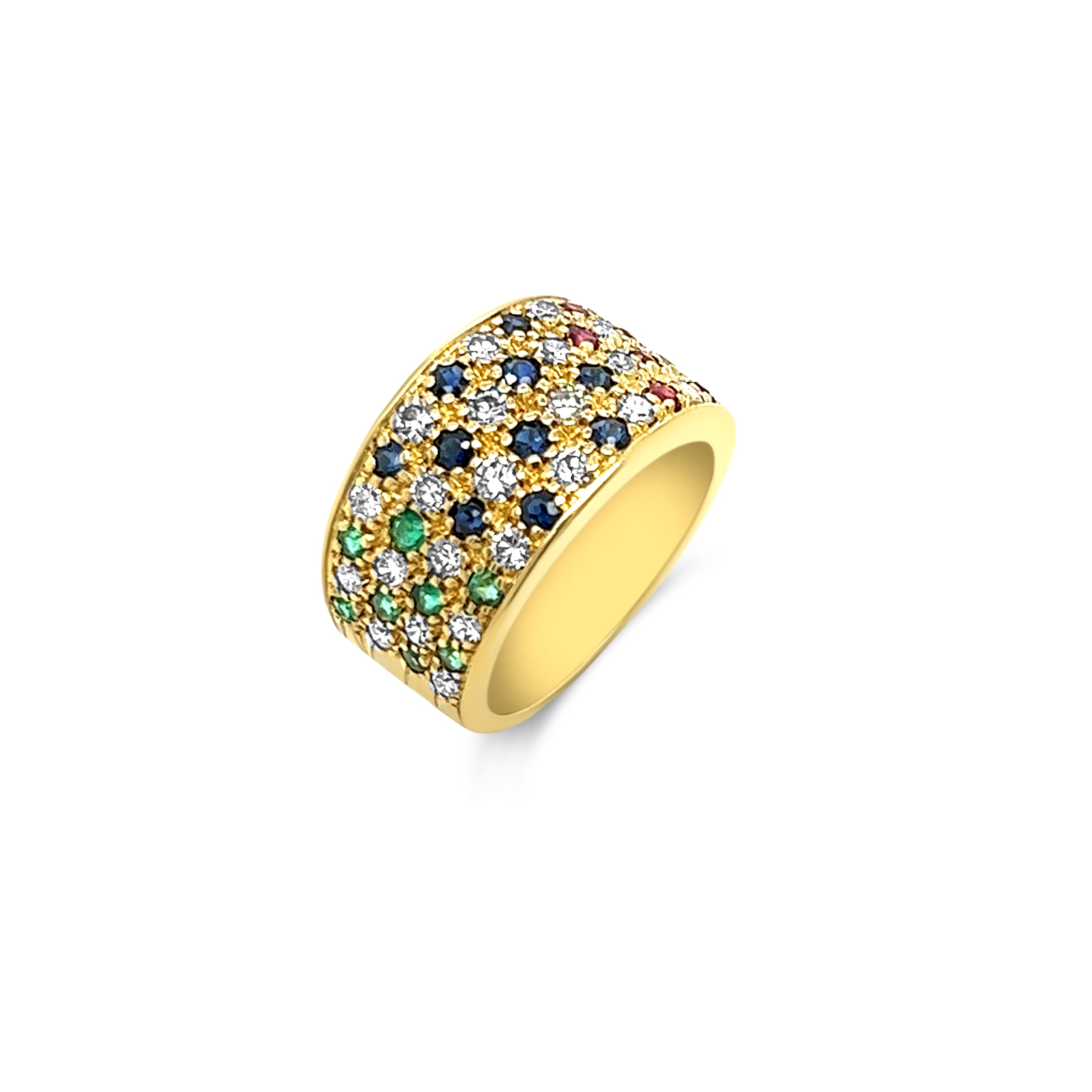 Profile view of gleaming 18kt yellow gold ring adorned with genuine sapphires, rubies, and emeralds, totaling 1.56ct. Dazzling diamonds alternate, creating a vibrant and sophisticated symphony of colors.