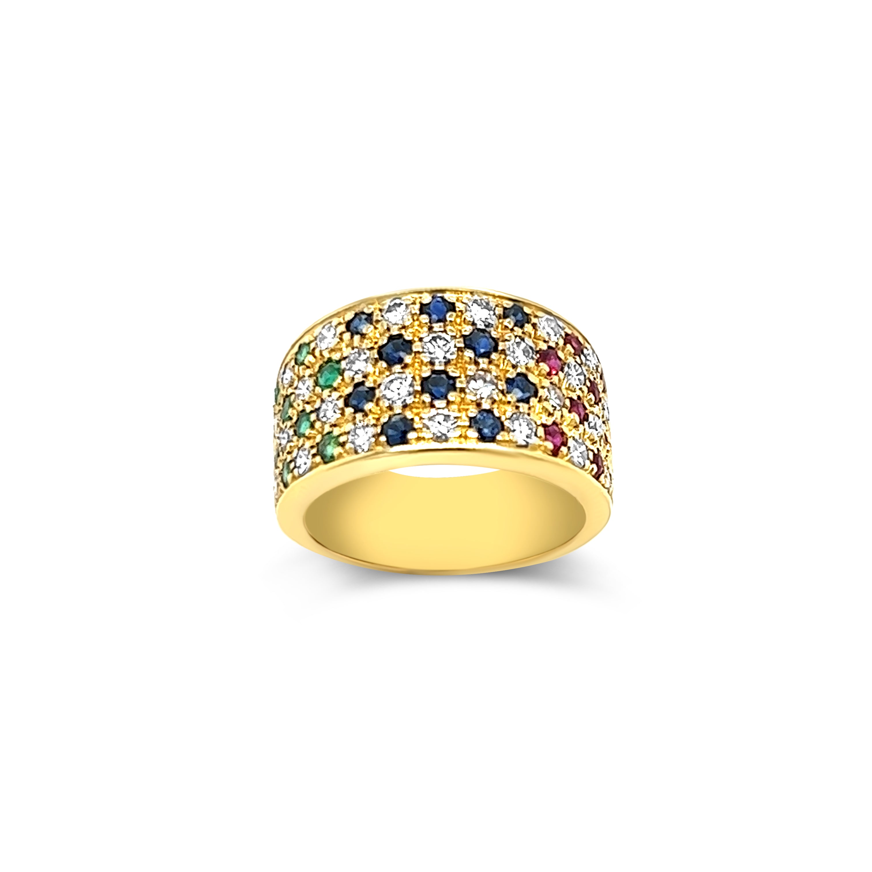 Front view of gleaming 18kt yellow gold ring adorned with genuine sapphires, rubies, and emeralds, totaling 1.56ct. Dazzling diamonds alternate, creating a vibrant and sophisticated symphony of colors.