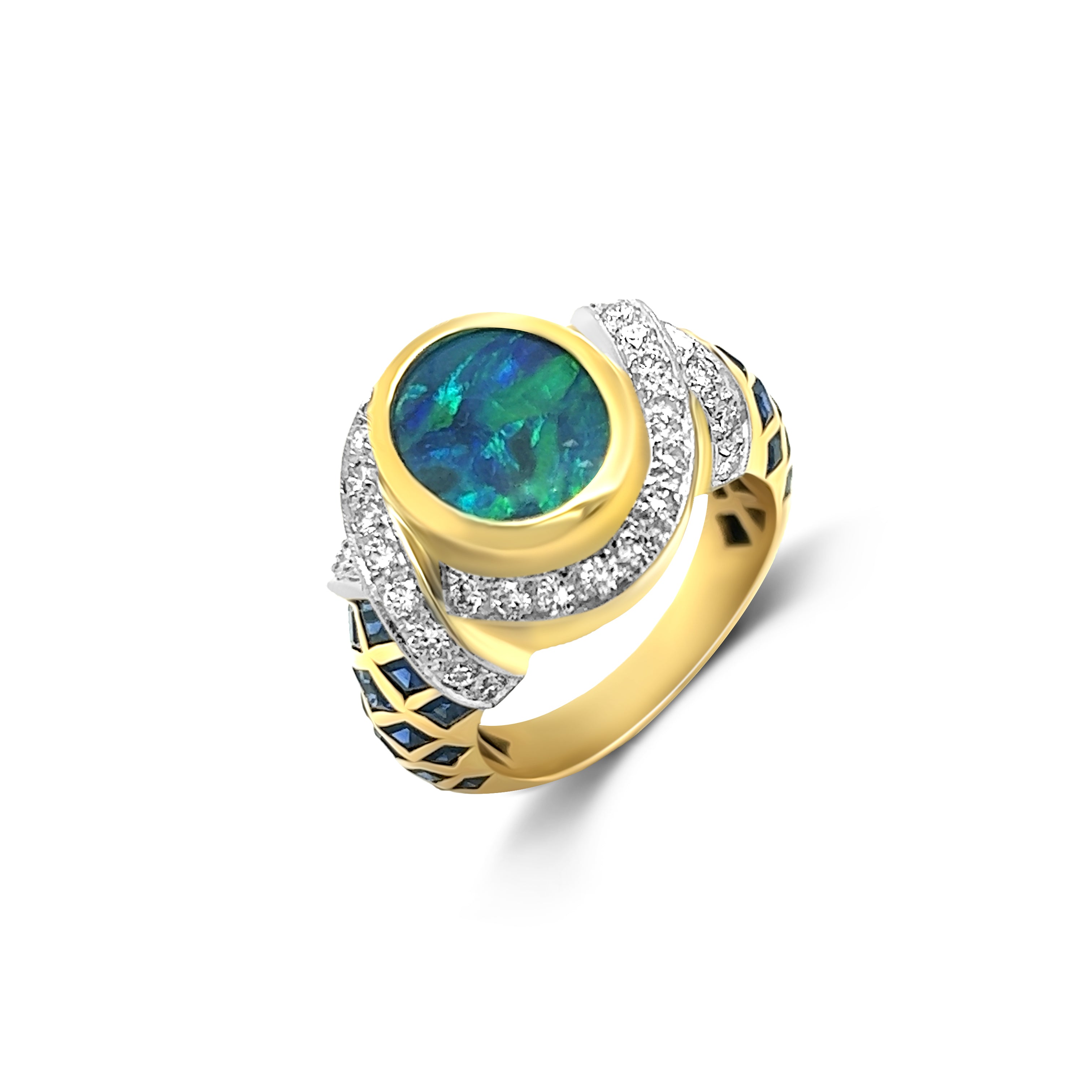 Profile view of 18kt yellow gold ring adorned with a captivating black opal, genuine 1.28ct sapphires, and sparkling 1.02ct diamonds. A symbol of timeless elegance and luxury jewelry craftsmanship.