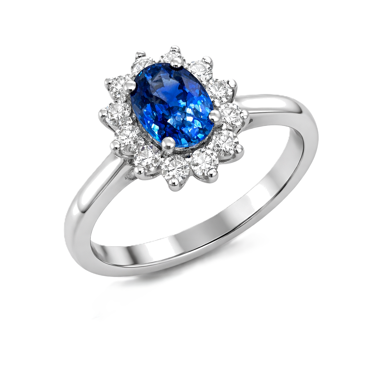 White gold and natural blue sapphire diamond halo ring.