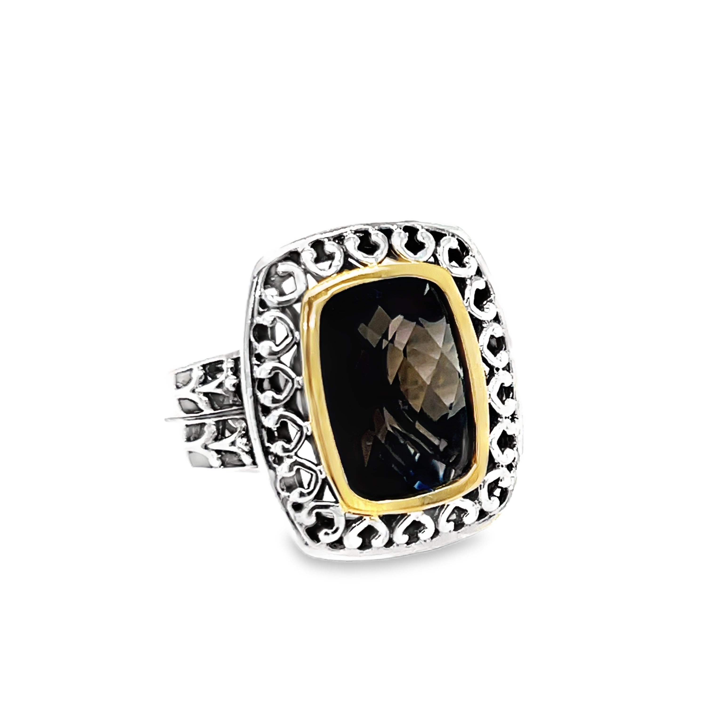 Front view of handcrafted sterling silver and 14kt yellow gold ring set with the natural smoky topaz gemstone.