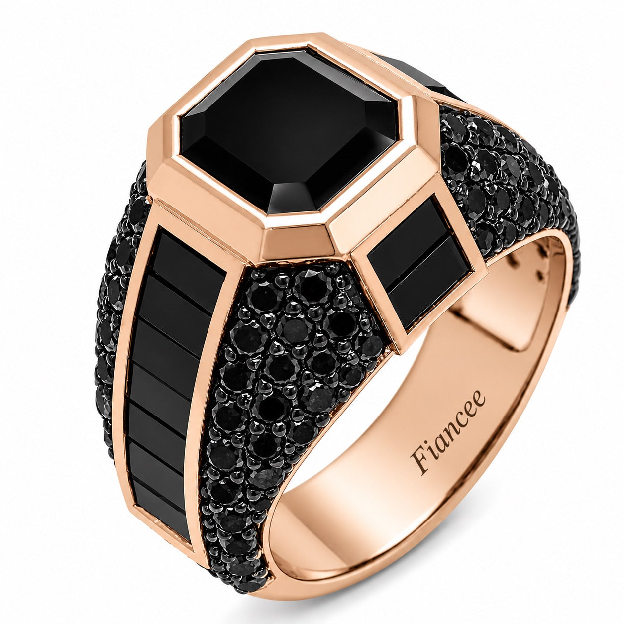 Natural black diamond accent men's ring crafted in 14kt rose gold.
