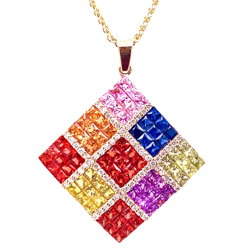 Handmade Yellow Gold Necklace with Rainbow Sapphire Natural Gemstones 
