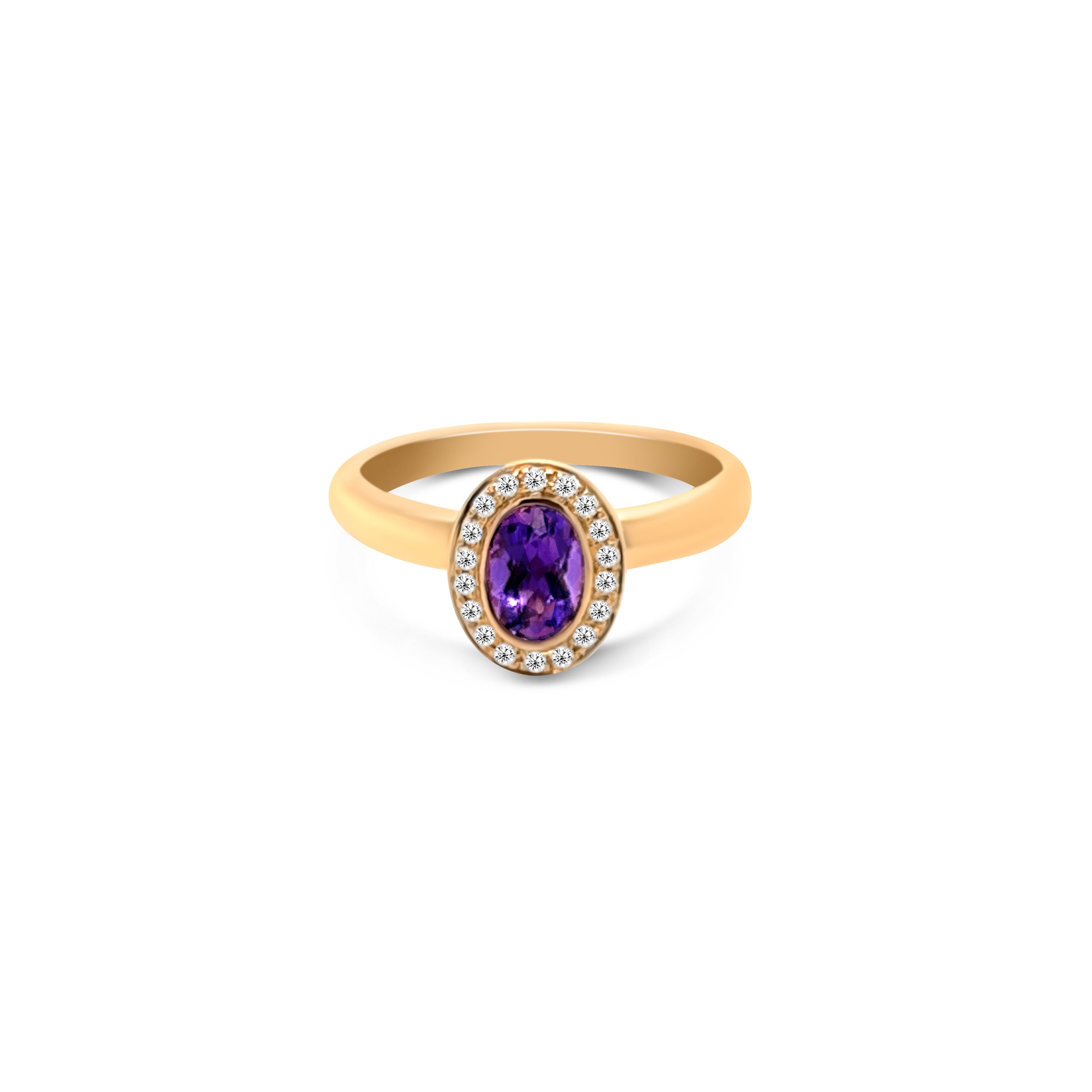 Center view of fine rose gold ring with 0.41 carat amethyst center stone surrounded by a halo of round brilliant cut diamonds, showcasing timeless elegance and sophisticated charm. 