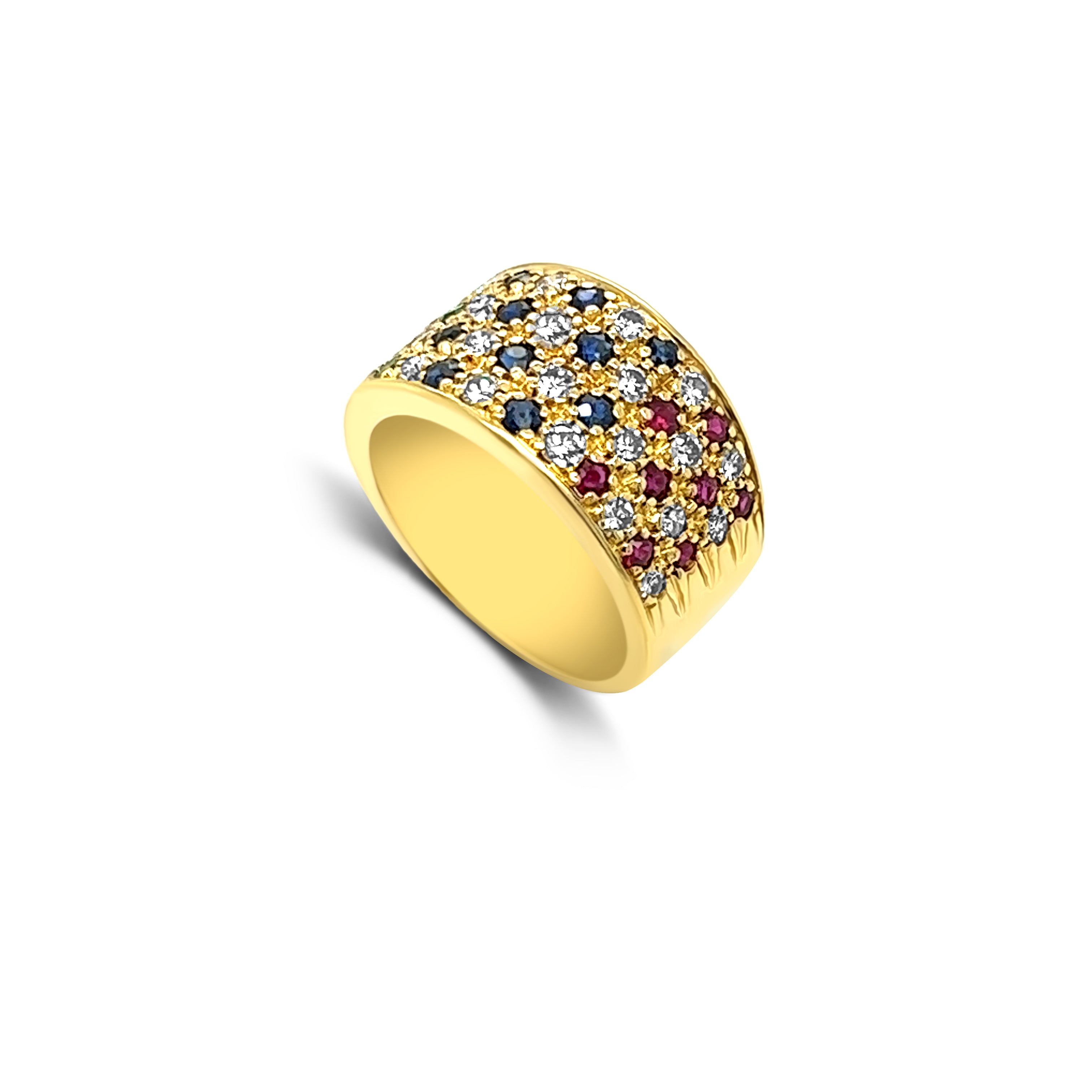 Profile view of gleaming 18kt yellow gold ring adorned with genuine sapphires, rubies, and emeralds, totaling 1.56ct. Dazzling diamonds alternate, creating a vibrant and sophisticated symphony of colors.