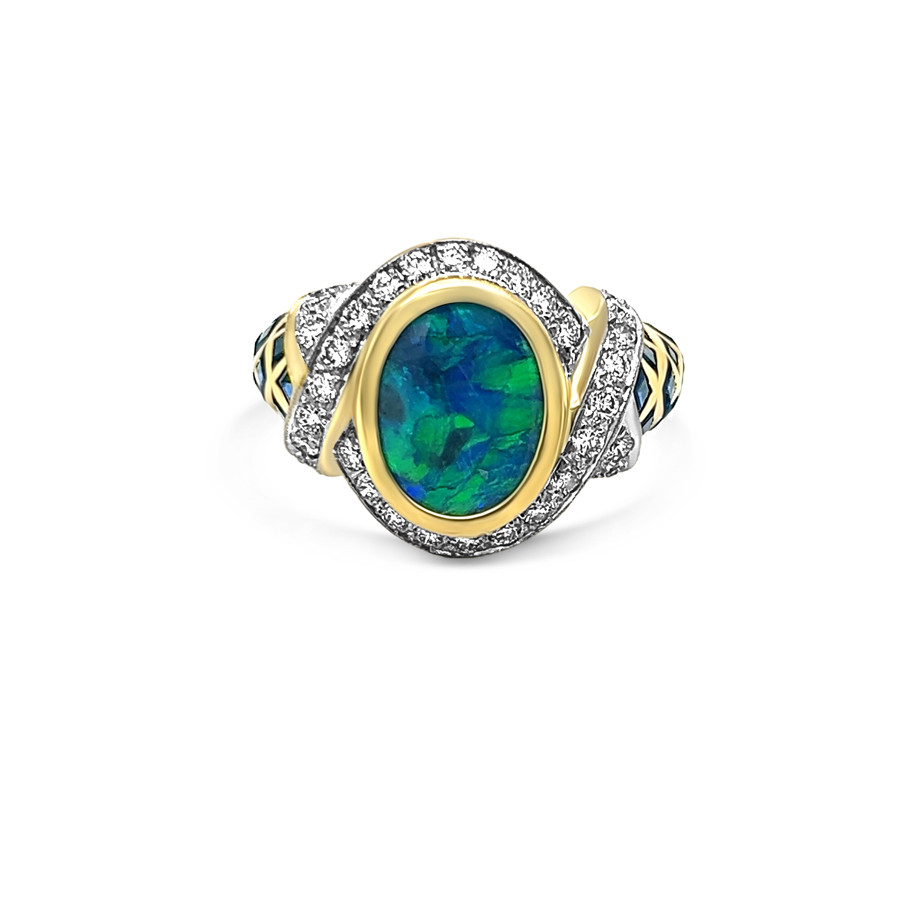 Center view of 18kt yellow gold ring adorned with a captivating black opal, genuine 1.28ct sapphires, and sparkling 1.02ct diamonds. A symbol of timeless elegance and luxury jewelry craftsmanship.