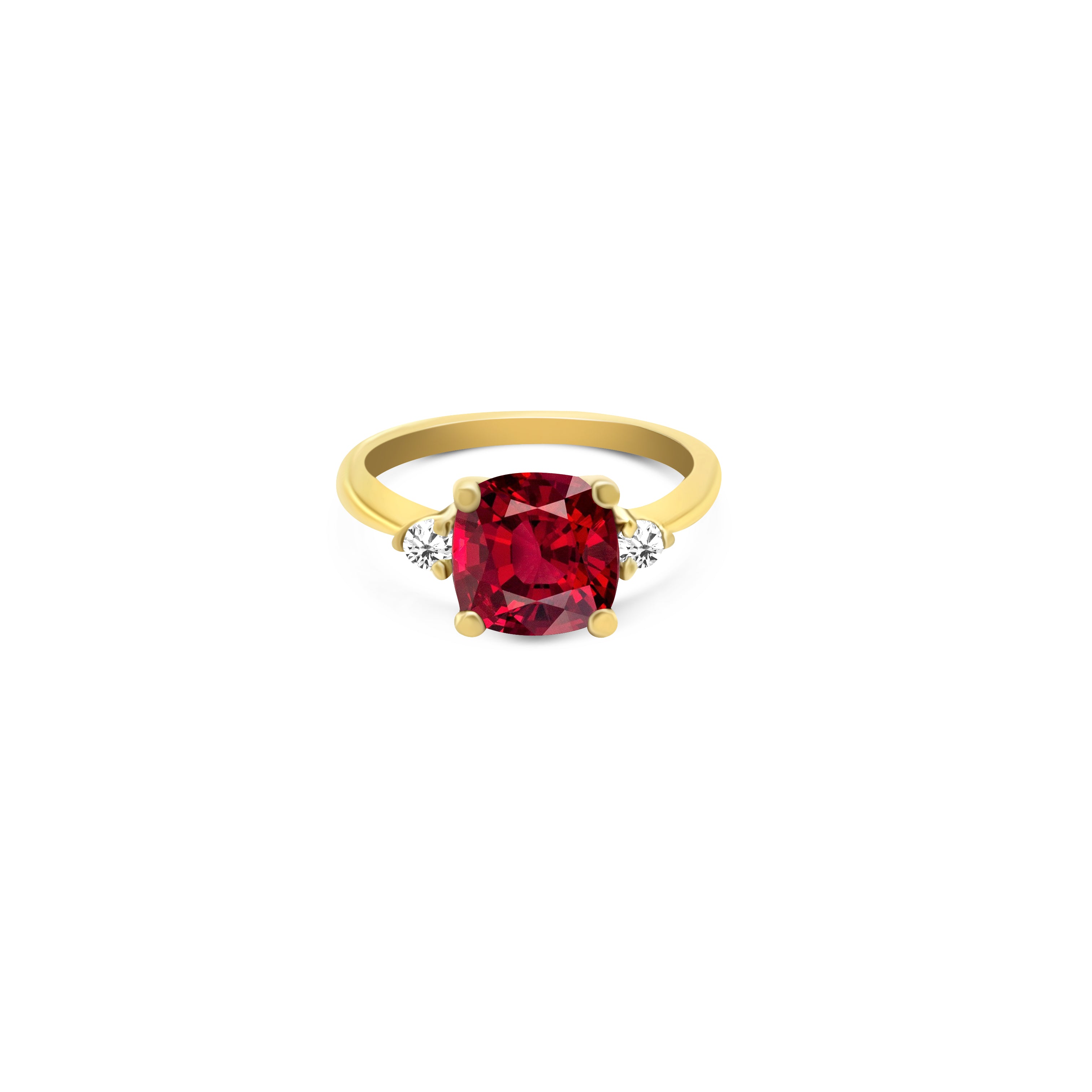 Center view of 14KT Yellow gold ring features a genuine garnet gemstone at the center, accented by two round brilliant cut diamonds on each side. A perfect blend of sophistication and charm.