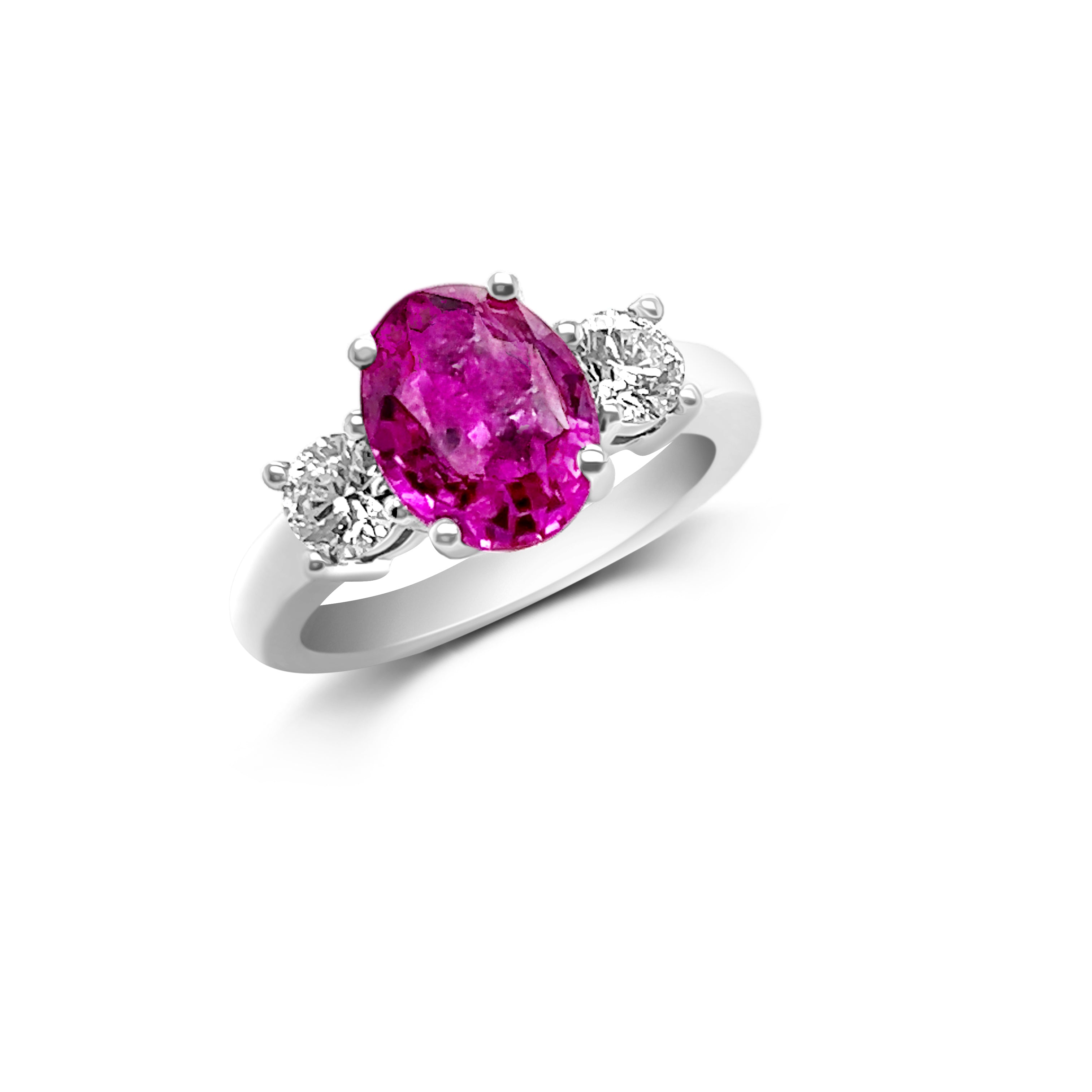 Profile view of three-stone pink sapphire and diamond ring in 14kt white gold - 2.99 ct pink sapphire, 0.50 ct round diamonds - timeless elegance and romance. 