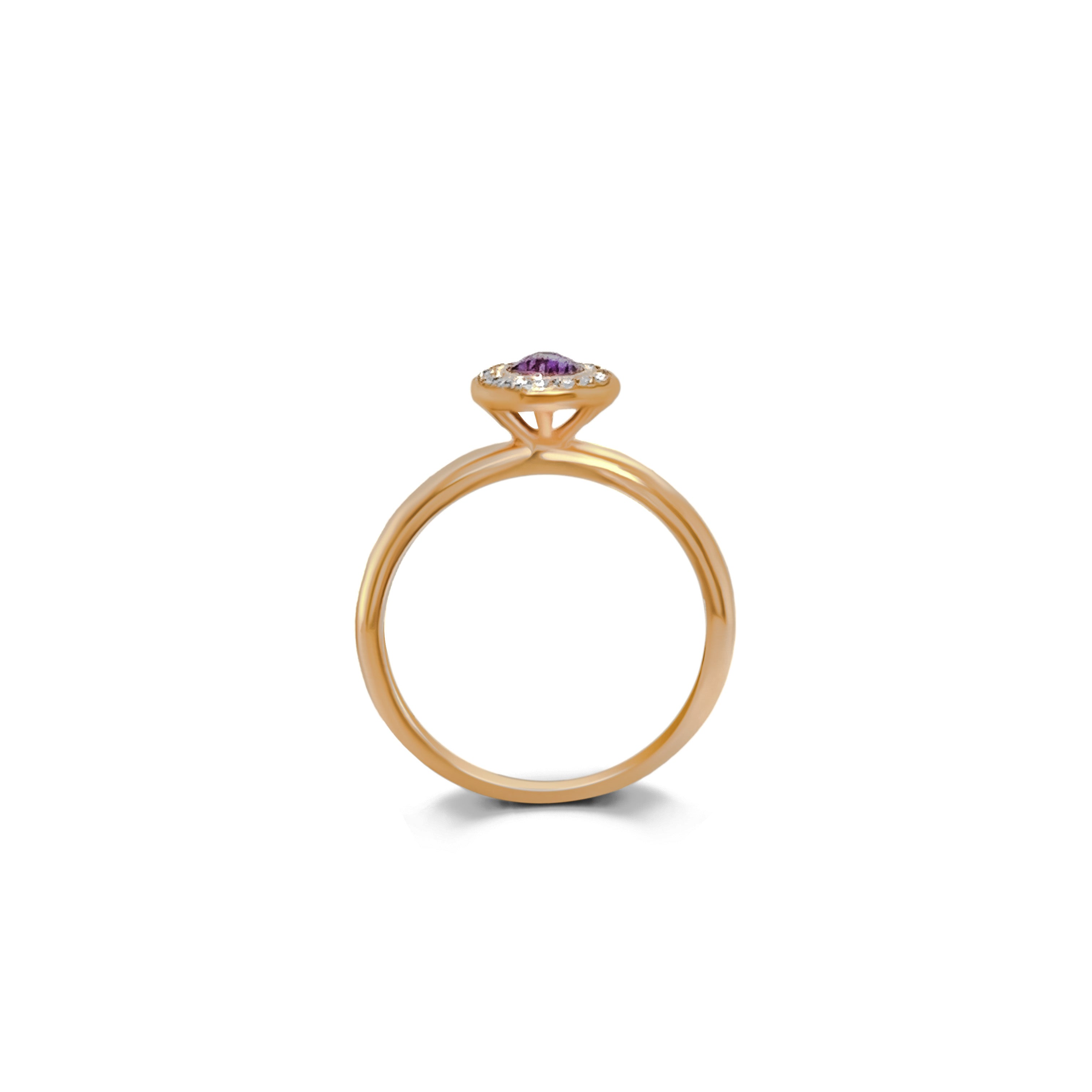 Center view of fine rose gold ring with 0.41 carat amethyst center stone surrounded by a halo of round brilliant cut diamonds, showcasing timeless elegance and sophisticated charm.