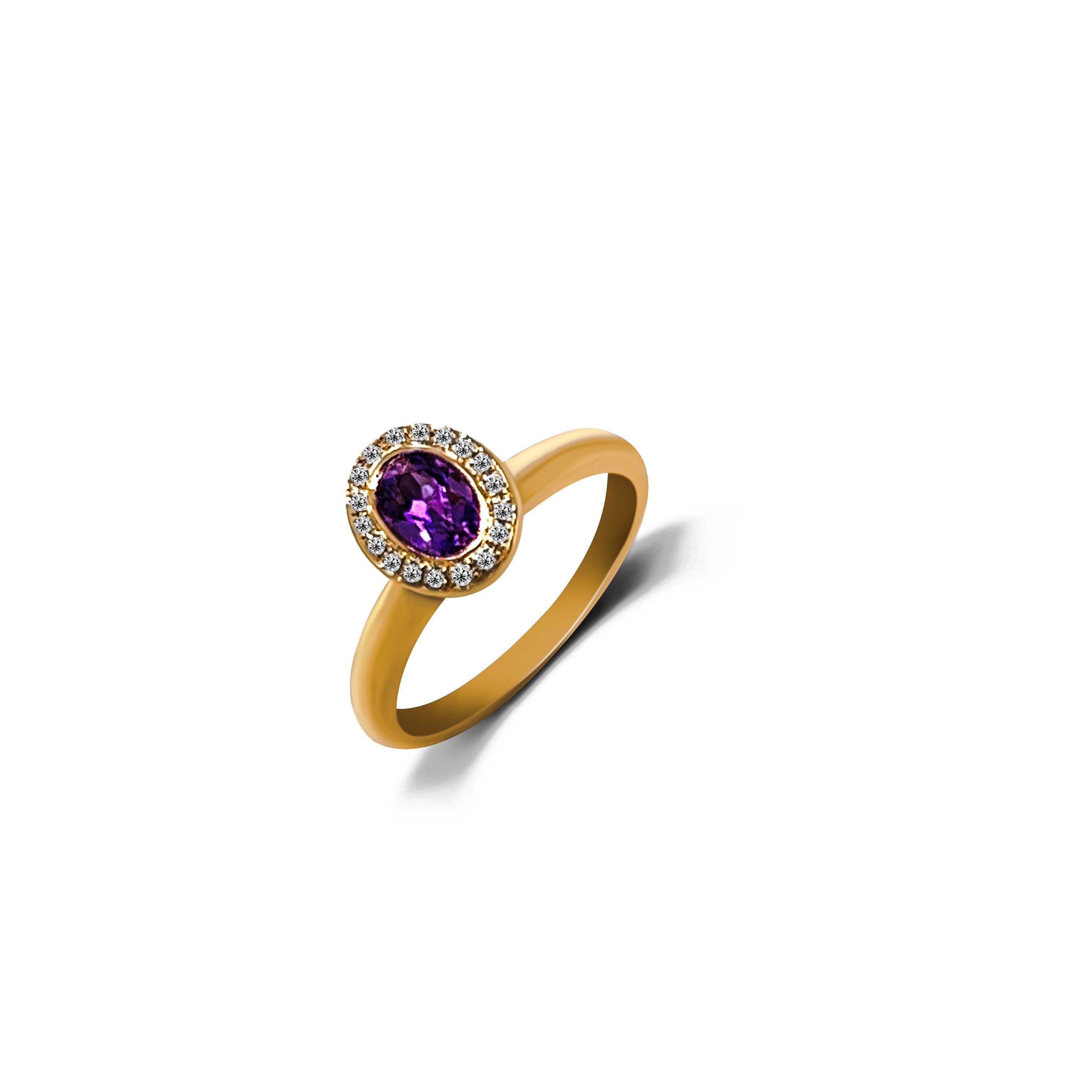 Center view of fine rose gold ring with 0.41 carat amethyst center stone surrounded by a halo of round brilliant cut diamonds, showcasing timeless elegance and sophisticated charm.