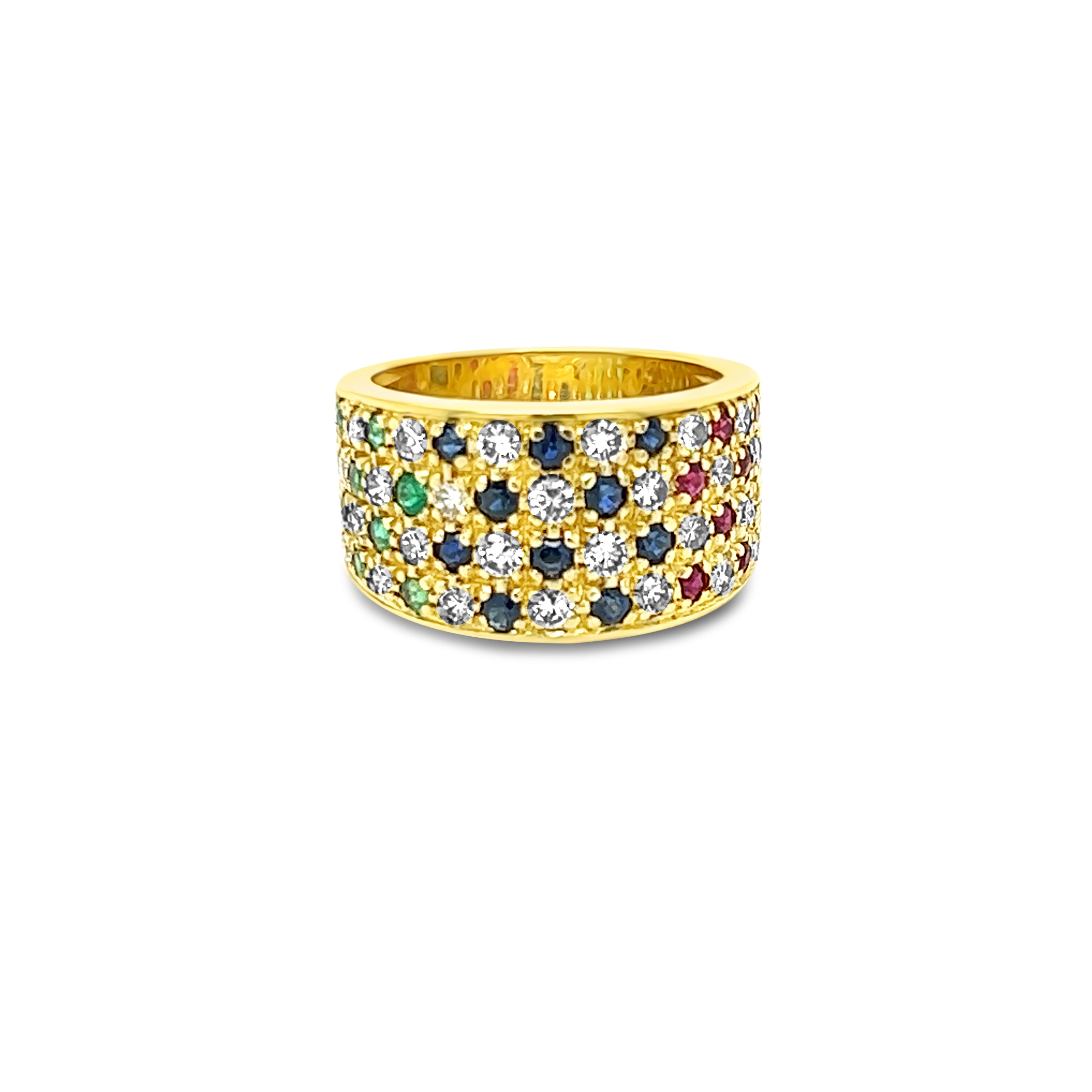 Front view of gleaming 18kt yellow gold ring adorned with genuine sapphires, rubies, and emeralds, totaling 1.56ct. Dazzling diamonds alternate, creating a vibrant and sophisticated symphony of colors.