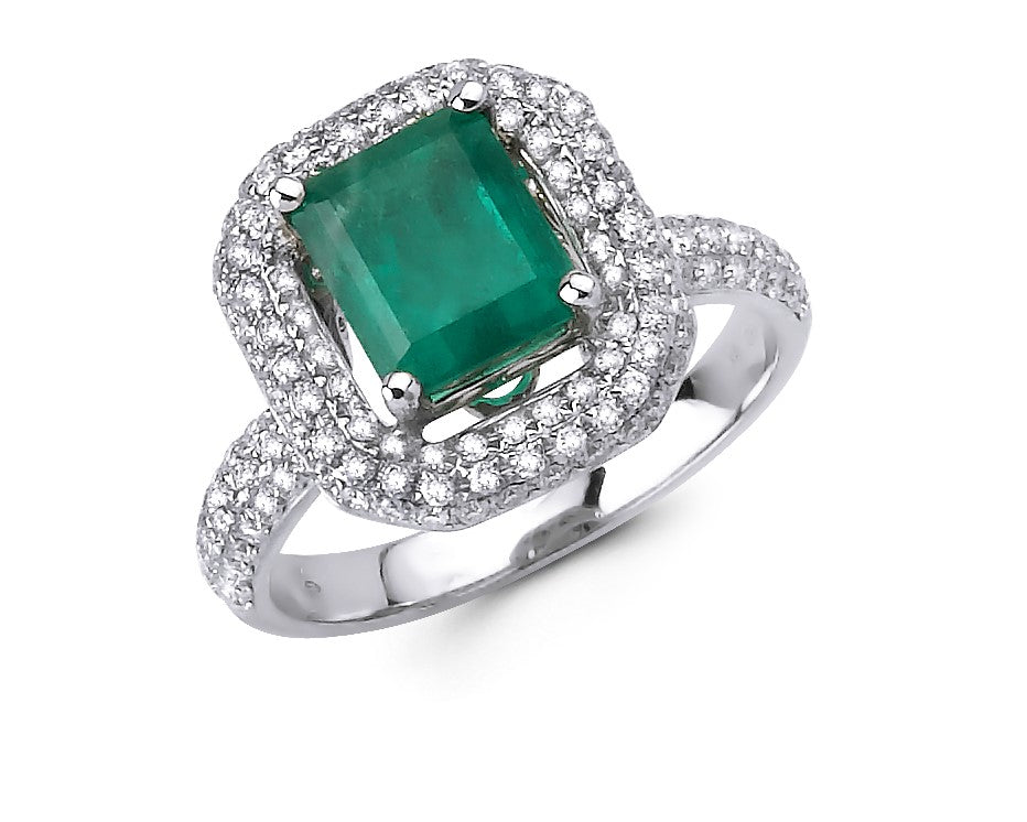 14kt white gold diamond and emerald natural gemstone ring. 