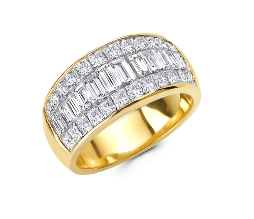 Front view of 18kt yellow gold ring features a unique design and craftsmanship, with baguette and princess cut natural diamonds set in an invisible setting.