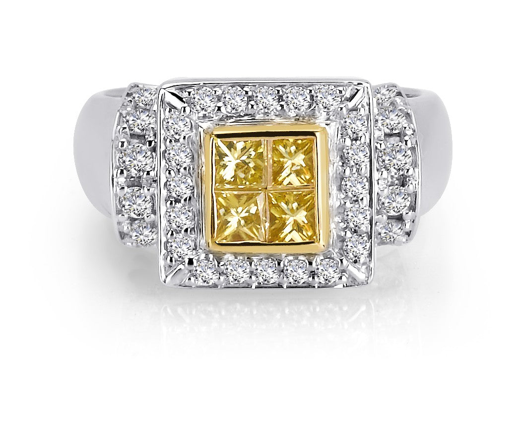 Front view of 14kt two tone gold and natural yellow and white diamond cocktail ring. 