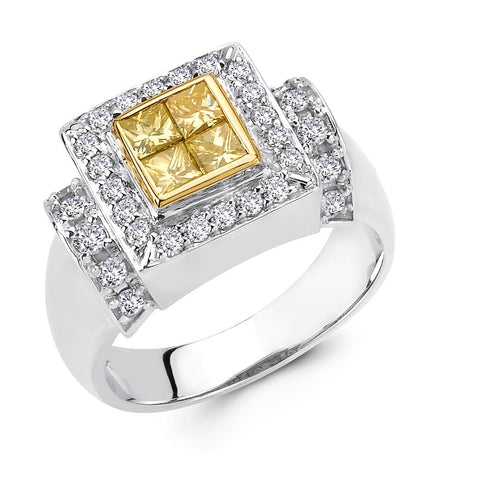 Side view of 14kt two tone gold and natural yellow and white diamond cocktail ring. 
