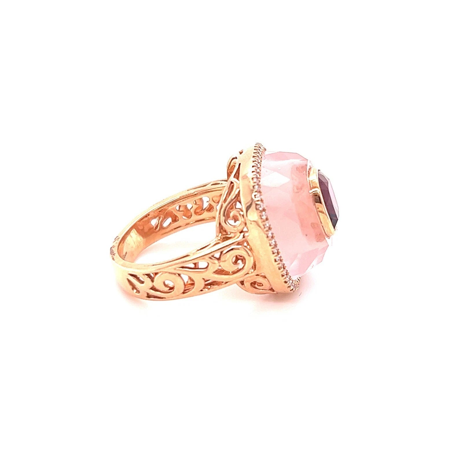 Lady's 14KT Rose Gold Diamond and Natural Pink Quartz Ring