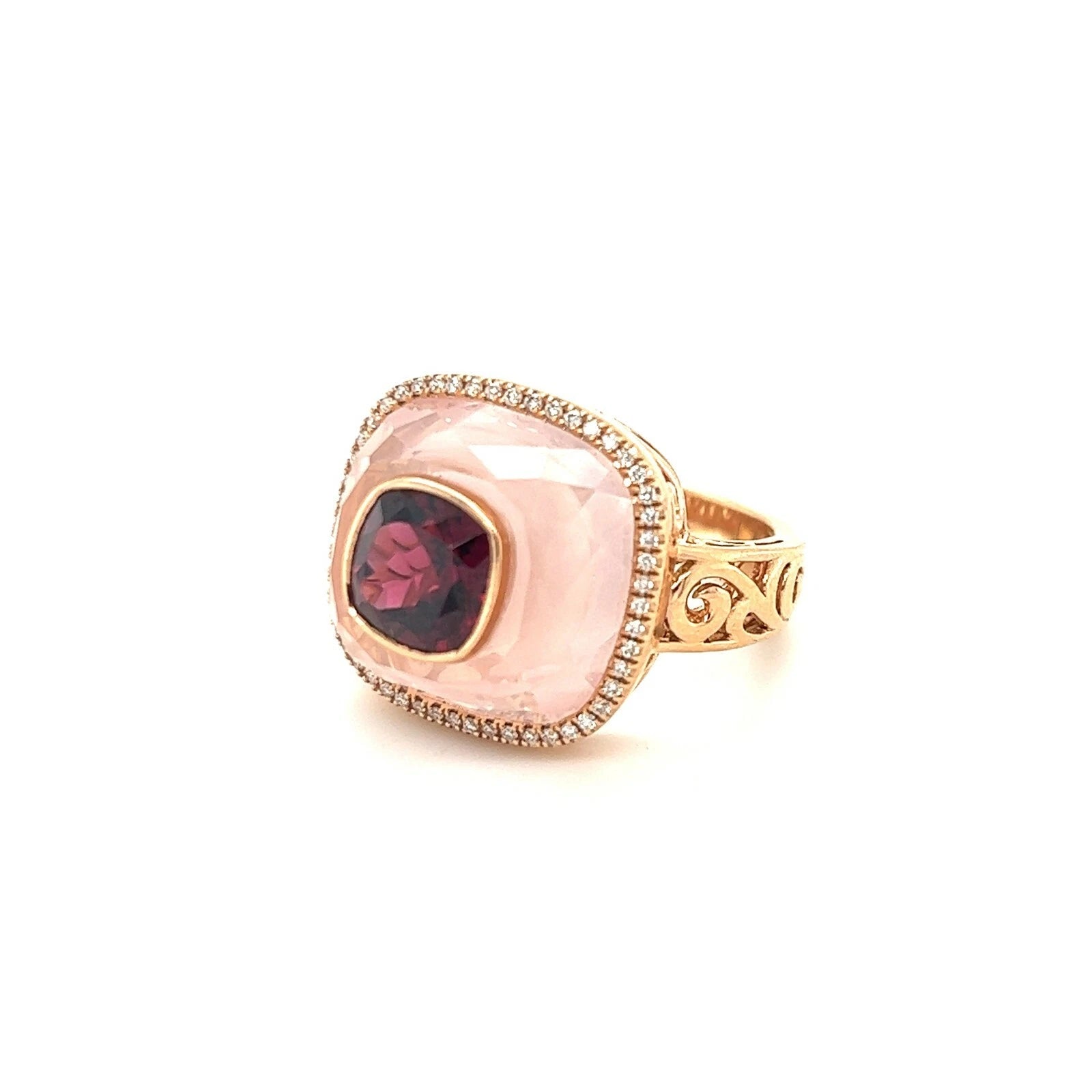 Lady's 14KT Rose Gold Diamond and Natural Pink Quartz Ring